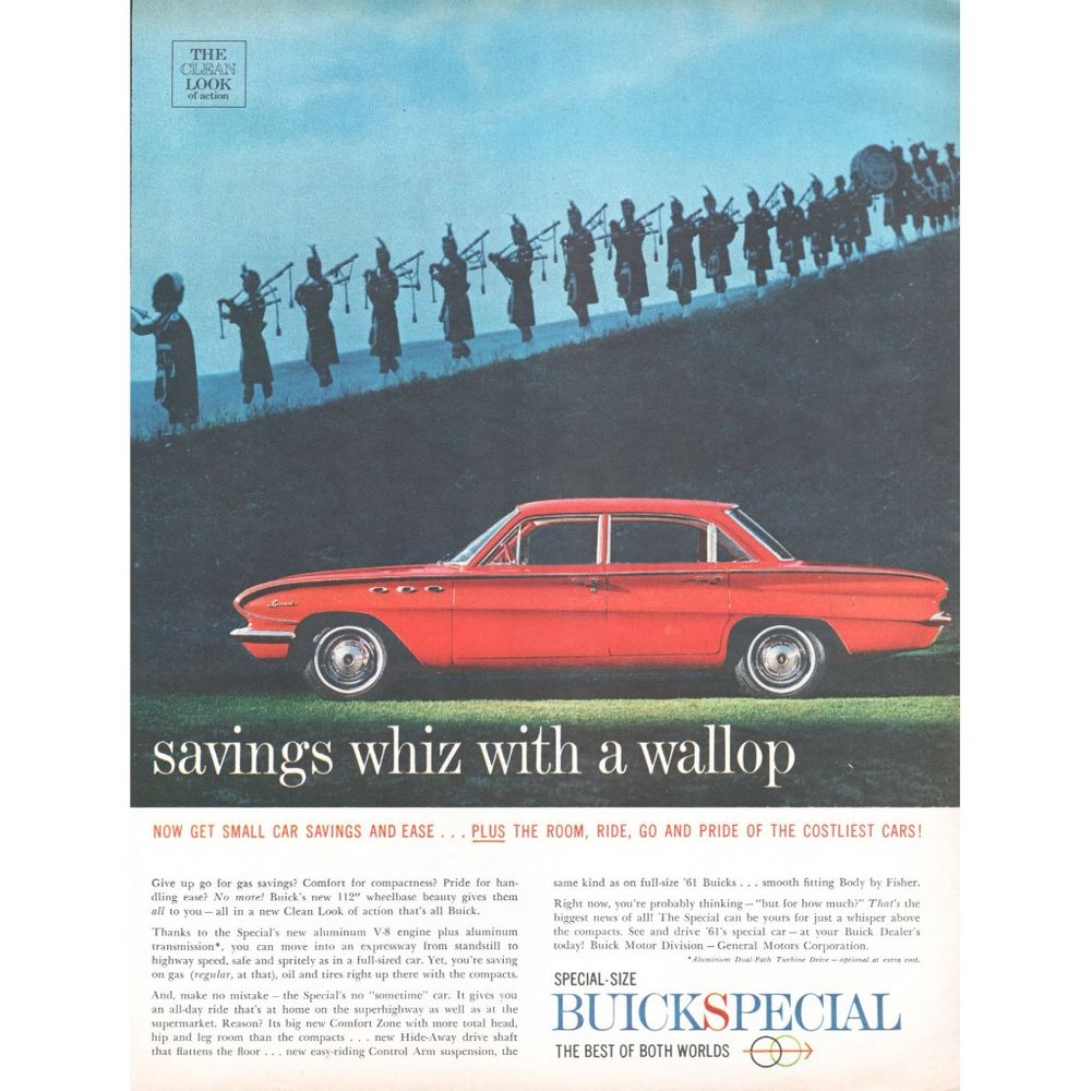 1961 Buick Special Compact Classic Car Vintage Print Ad Bagpipes Hillside Photo